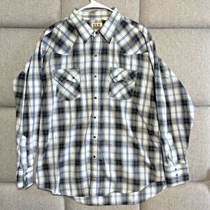 Ely Cattleman Mens Long Sleeve Pearl Snap Western Shirt XL Blue Black Plaid